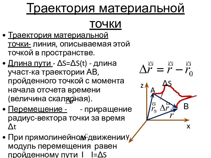 Траектория материальной точки Траектория материальной точки- линия, описываемая этой точкой