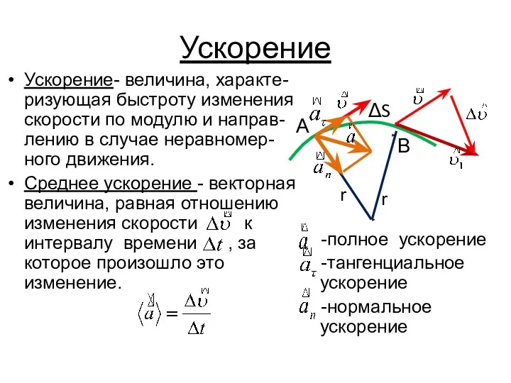 Ускорение Ускорение- величина, характе-ризующая быстроту изменения скорости по модулю и