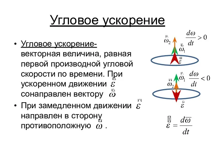 Угловое ускорение Угловое ускорение- векторная величина, равная первой производной угловой