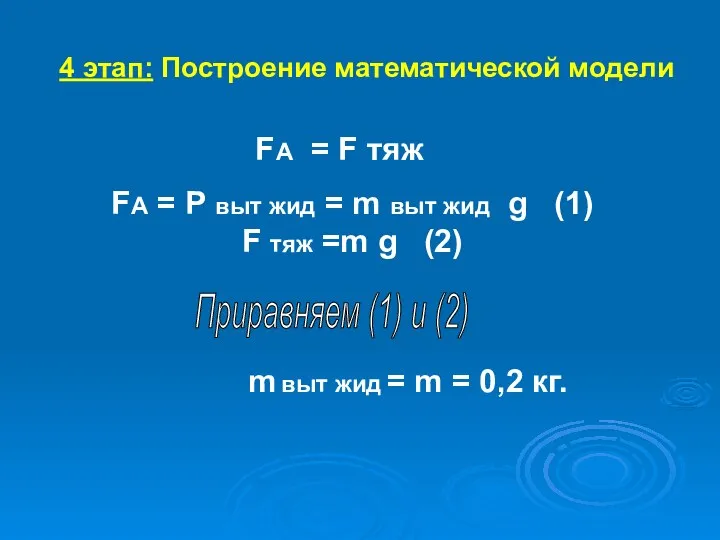 4 этап: Построение математической модели FА = F тяж FА