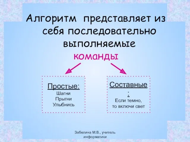 Алгоритм представляет из себя последовательно выполняемые команды Простые: Шагни Прыгни