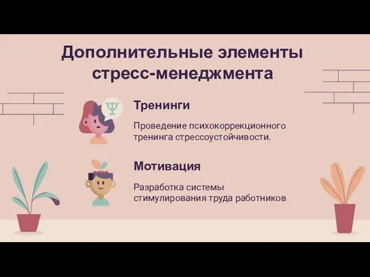 Тренинги Разработка системы стимулирования труда работников Проведение психокоррекционного тренинга стрессоустойчивости. Мотивация Дополнительные элементы стресс-менеджмента