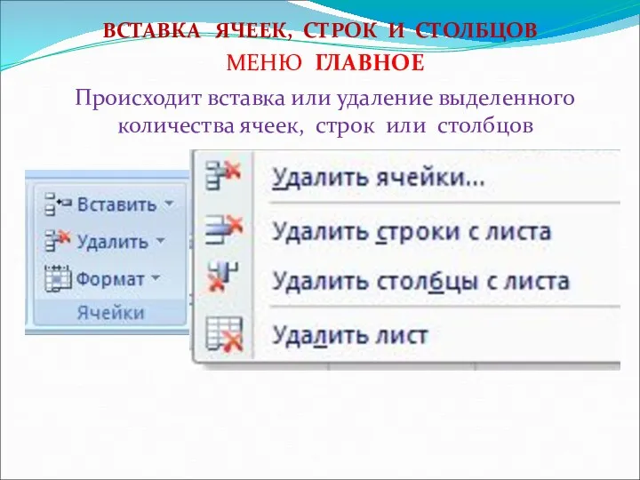 ВСТАВКА ЯЧЕЕК, СТРОК И СТОЛБЦОВ Происходит вставка или удаление выделенного