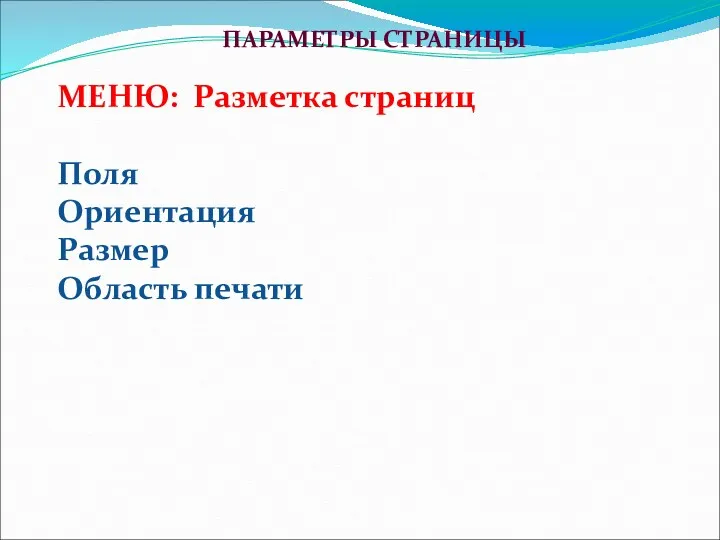 ПАРАМЕТРЫ СТРАНИЦЫ МЕНЮ: Разметка страниц Поля Ориентация Размер Область печати