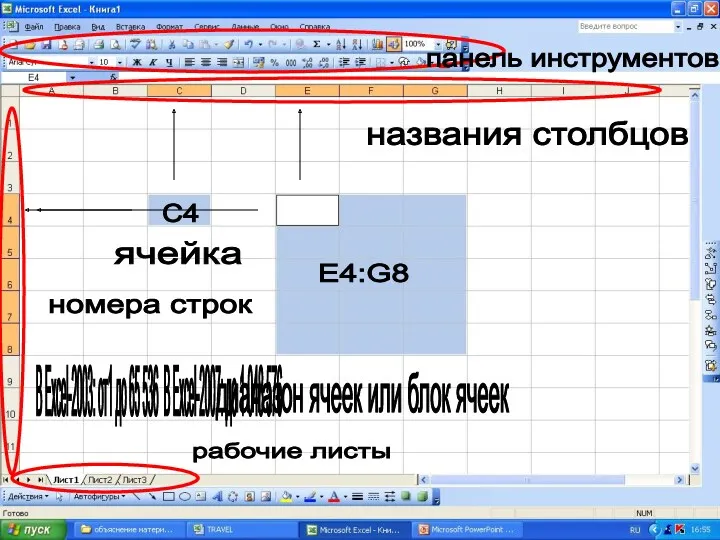 ячейка С4 номера строк В Excel-2003: от1 до 65 536