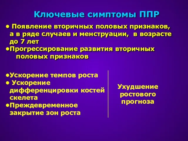 Ключевые симптомы ППР Появление вторичных половых признаков, а в ряде