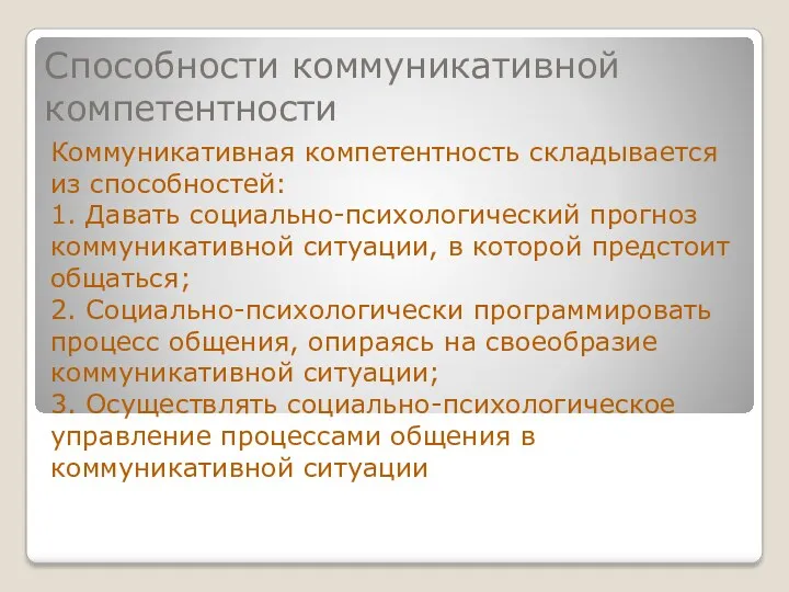 Способности коммуникативной компетентности Коммуникативная компетентность складывается из способностей: 1. Давать