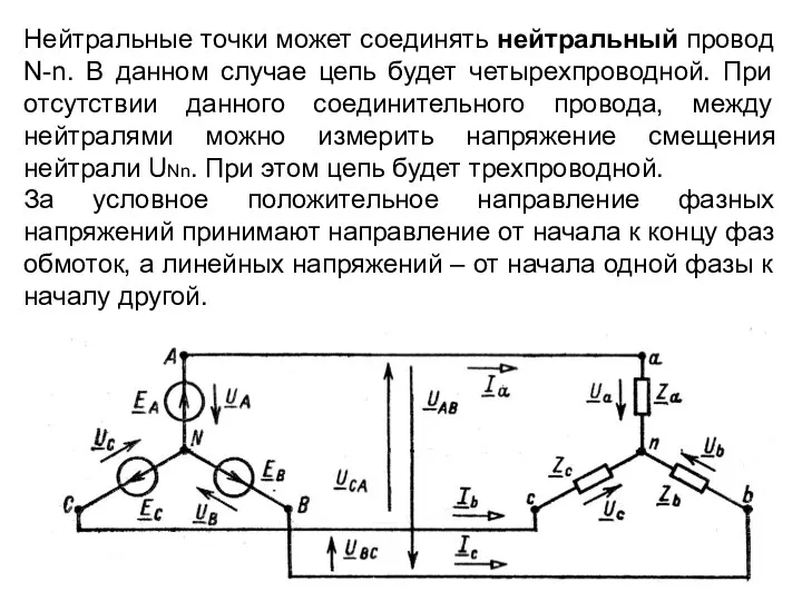 Нейтральные точки может соединять нейтральный провод N-n. В данном случае