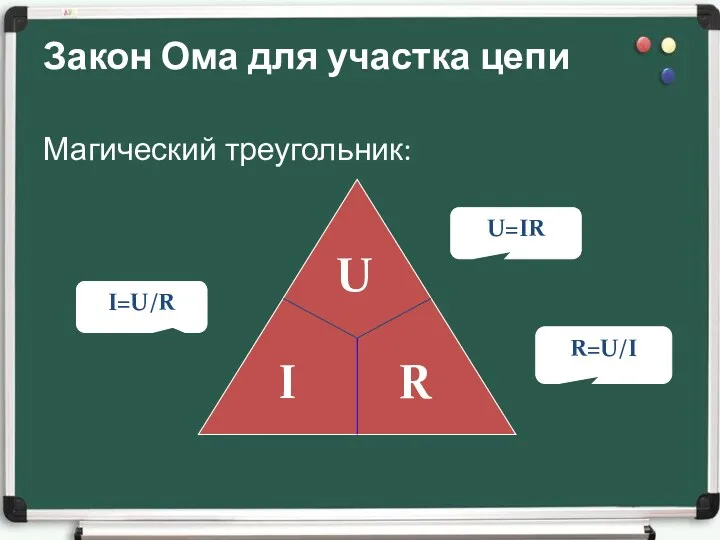 Закон Ома для участка цепи Магический треугольник: I=U/R R=U/I U=IR