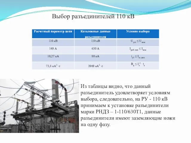 Выбор разъединителей 110 кВ Из таблицы видно, что данный разъединитель