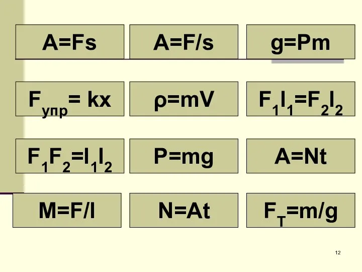 A=Fs g=Pm A=F/s N=At P=mg ρ=mV FT=m/g A=Nt F1l1=F2l2 Fупр= kx F1F2=l1l2 M=F/l