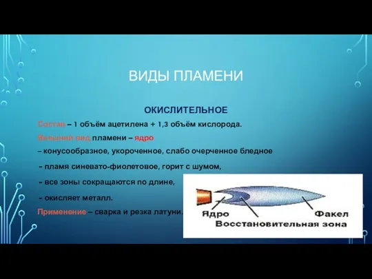 ВИДЫ ПЛАМЕНИ ОКИСЛИТЕЛЬНОЕ Состав – 1 объём ацетилена + 1,3 объём кислорода. Внешний