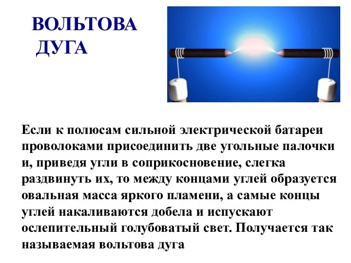 ВОЛЬТОВА ДУГА Если к полюсам сильной электрической батареи проволоками присоединить