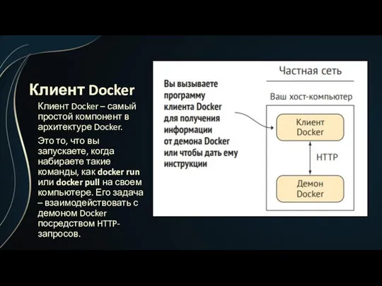 Клиент Docker Клиент Docker – самый простой компонент в архитектуре Docker. Это то,