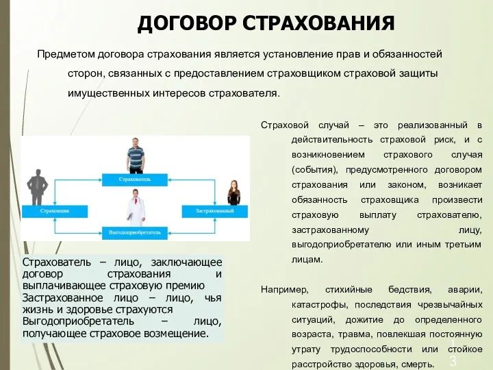 Предметом договора страхования является установление прав и обязанностей сторон, связанных