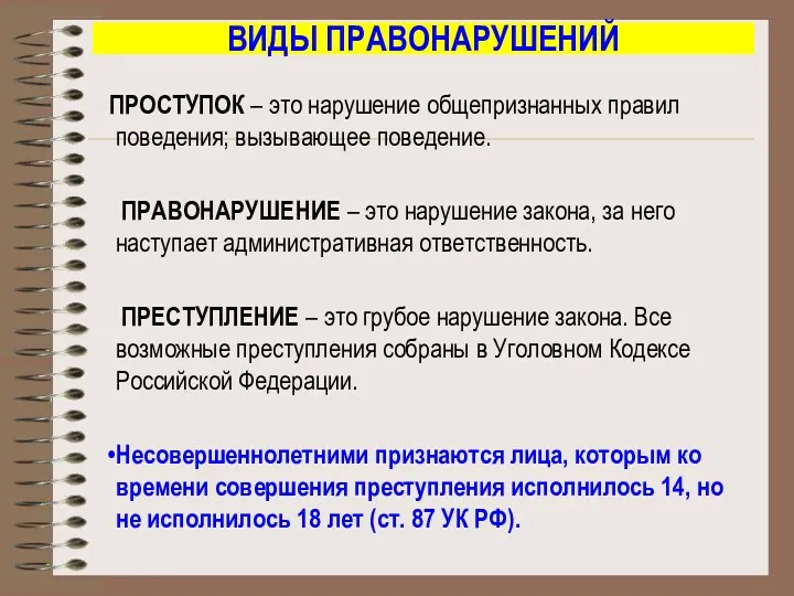 ВИДЫ ПРАВОНАРУШЕНИЙ ПРОСТУПОК – это нарушение общепризнанных правил поведения; вызывающее