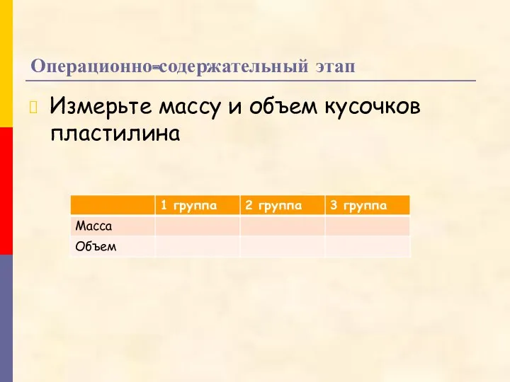 Операционно-содержательный этап Измерьте массу и объем кусочков пластилина