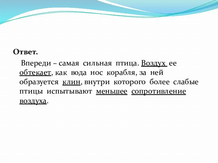 Ответ. Впереди – самая сильная птица. Воздух ее обтекает, как