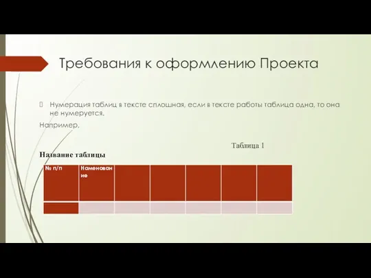 Требования к оформлению Проекта Нумерация таблиц в тексте сплошная, если