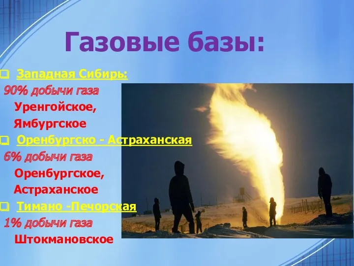 Газовые базы: Западная Сибирь: 90% добычи газа Уренгойское, Ямбургское Оренбургско