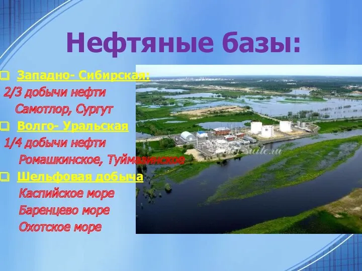 Нефтяные базы: Западно- Сибирская: 2/3 добычи нефти Самотлор, Сургут Волго-