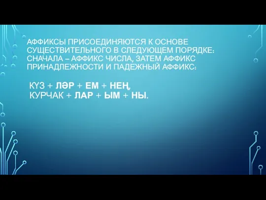 АФФИКСЫ ПРИСОЕДИНЯЮТСЯ К ОСНОВЕ СУЩЕСТВИТЕЛЬНОГО В СЛЕДУЮЩЕМ ПОРЯДКЕ: СНАЧАЛА –