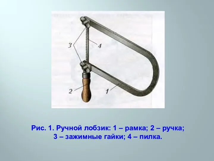 Рис. 1. Ручной лобзик: 1 – рамка; 2 – ручка; 3 – зажимные