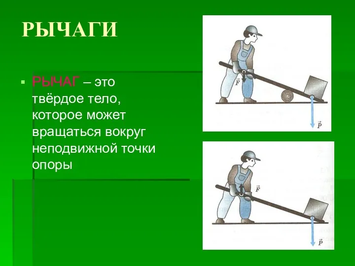 РЫЧАГИ РЫЧАГ – это твёрдое тело, которое может вращаться вокруг неподвижной точки опоры