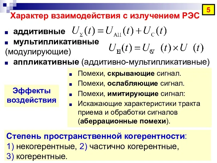 Эффекты воздействия 5 Характер взаимодействия с излучением РЭС Помехи, скрывающие