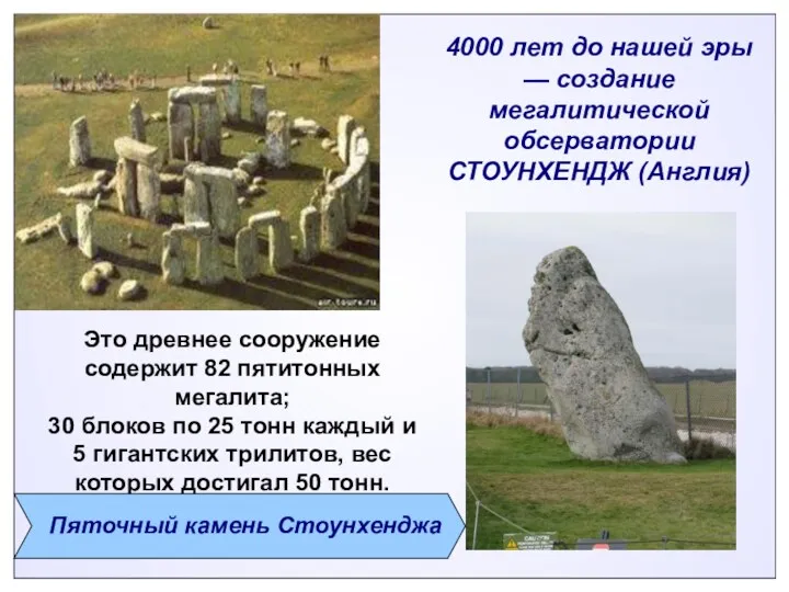 4000 лет до нашей эры — создание мегалитической обсерватории СТОУНХЕНДЖ (Англия) Это древнее