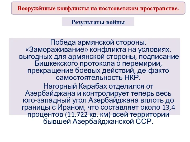 Вооружённые конфликты на постсоветском пространстве. Результаты войны Победа армянской стороны.