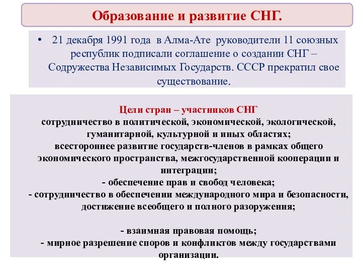 Образование и развитие СНГ. 21 декабря 1991 года в Алма-Ате