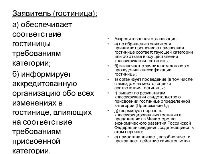 Заявитель (гостиница): а) обеспечивает соответствие гостиницы требованиям категории; б) информирует