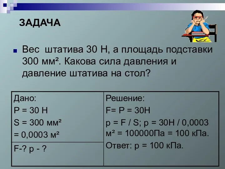 Вес штатива 30 Н, а площадь подставки 300 мм². Какова