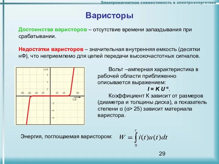 Варисторы Вольт –амперная характеристика в рабочей области приближенно описывается выражением: