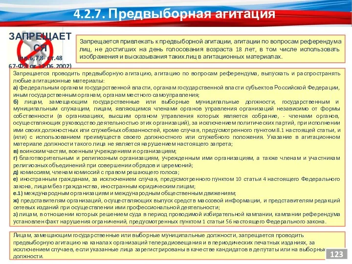 ЗАПРЕЩАЕТСЯ (пп.6,7,8 ст.48 67-ФЗ от 12.06.2002) Запрещается проводить предвыборную агитацию,