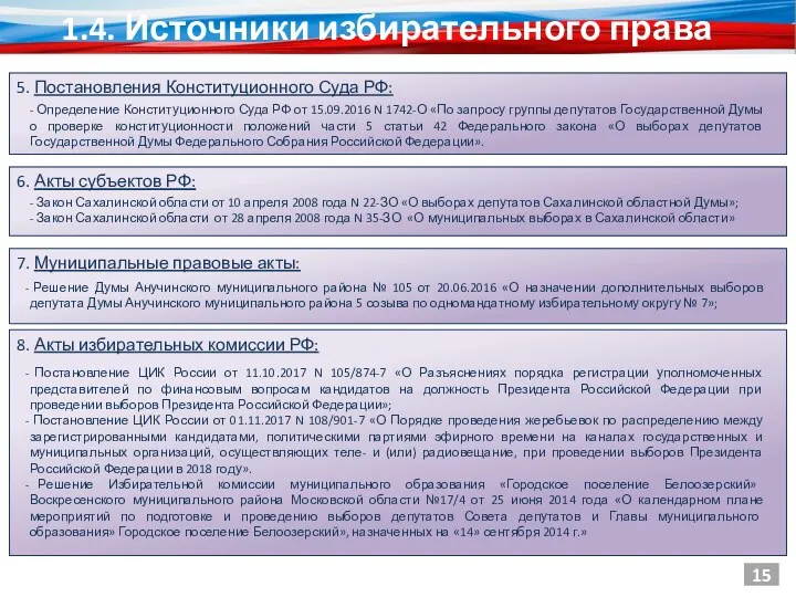 1.4. Источники избирательного права 8. Акты избирательных комиссии РФ: Постановление