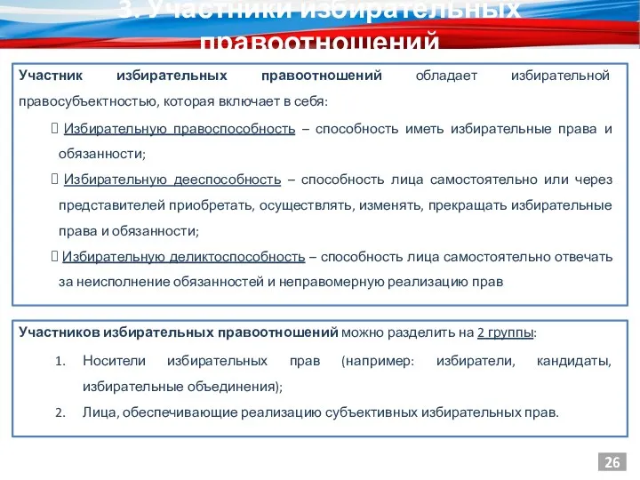 Участник избирательных правоотношений обладает избирательной правосубъектностью, которая включает в себя: