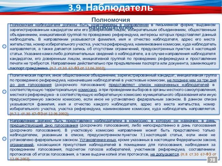 Полномочия наблюдателя должны быть удостоверены в направлении в письменной форме,