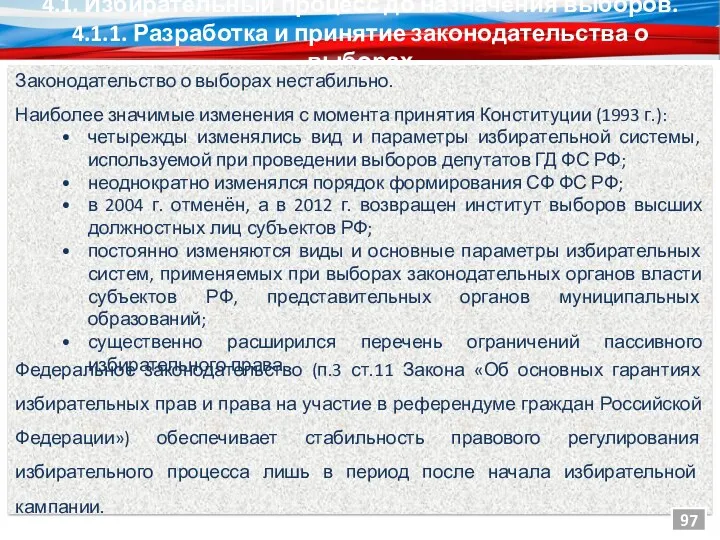 4.1. Избирательный процесс до назначения выборов. 4.1.1. Разработка и принятие