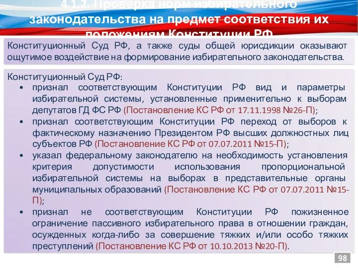 4.1.2. Проверка норм избирательного законодательства на предмет соответствия их положениям