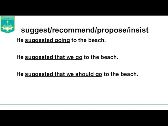 suggest/recommend/propose/insist He suggested going to the beach. He suggested that