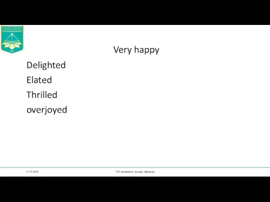 Very happy Delighted Elated Thrilled overjoyed 11.10.2022 ПІБ викладача, посада, кафедра