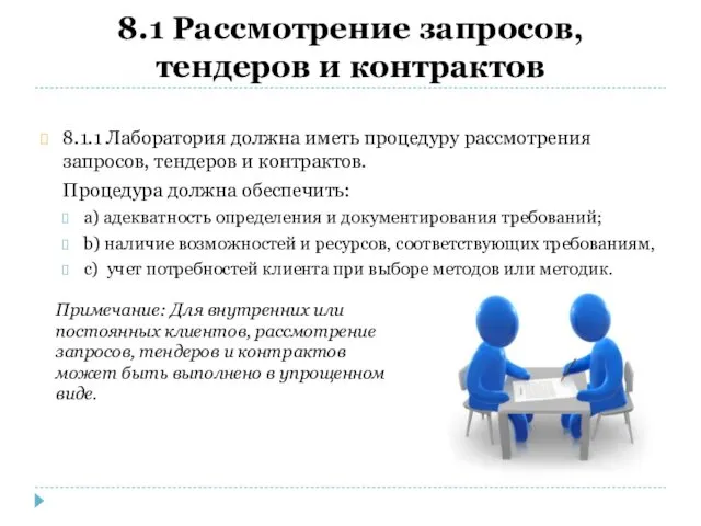 8.1 Рассмотрение запросов, тендеров и контрактов 8.1.1 Лаборатория должна иметь