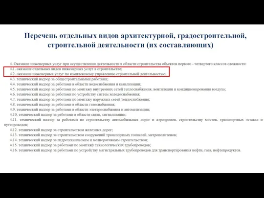 Перечень отдельных видов архитектурной, градостроительной, строительной деятельности (их составляющих)