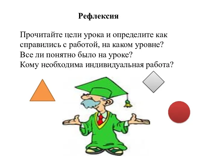 Рефлексия Прочитайте цели урока и определите как справились с работой,