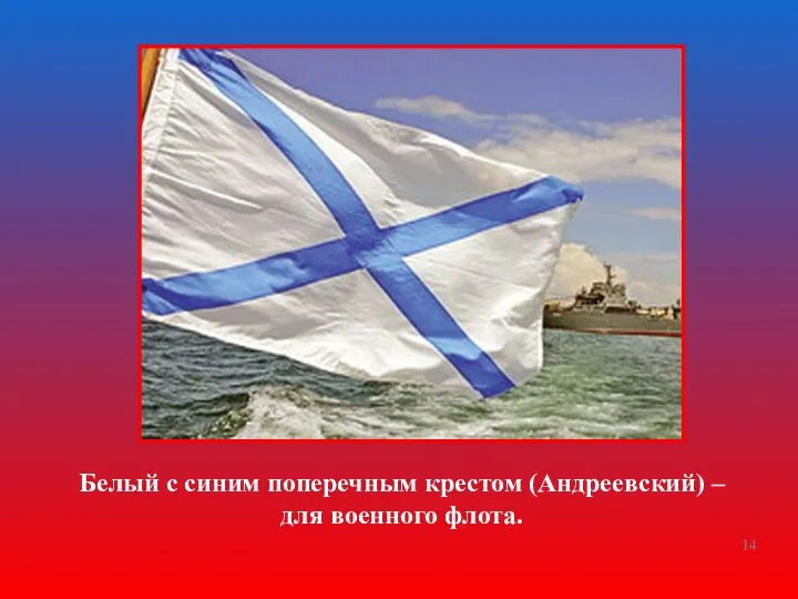Белый с синим поперечным крестом (Андреевский) – для военного флота.