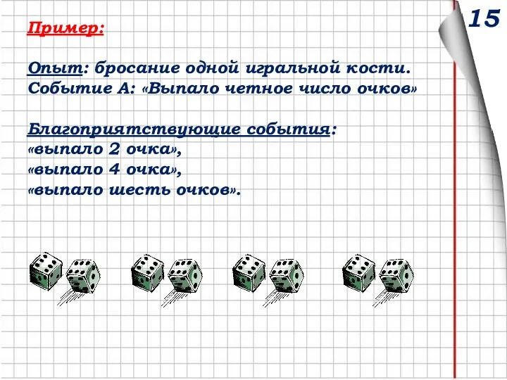 Пример: Опыт: бросание одной игральной кости. Событие А: «Выпало четное