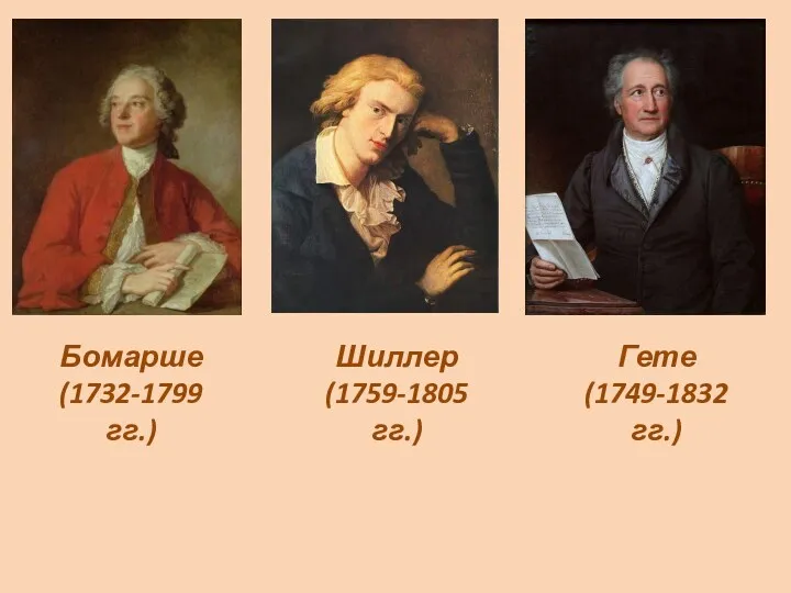 Бомарше (1732-1799 гг.) Шиллер (1759-1805 гг.) Гете (1749-1832 гг.)