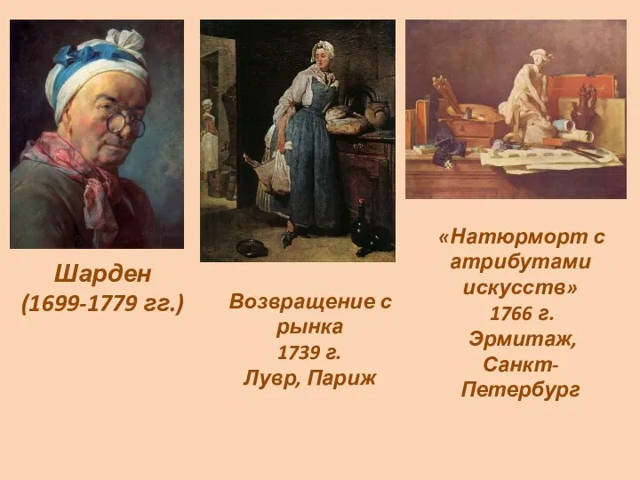 «Натюрморт с атрибутами искусств» 1766 г. Эрмитаж, Санкт-Петербург Шарден (1699-1779 гг.) Возвращение с
